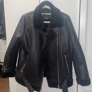 Topshop oversized leather jacket with black fur inside, belted